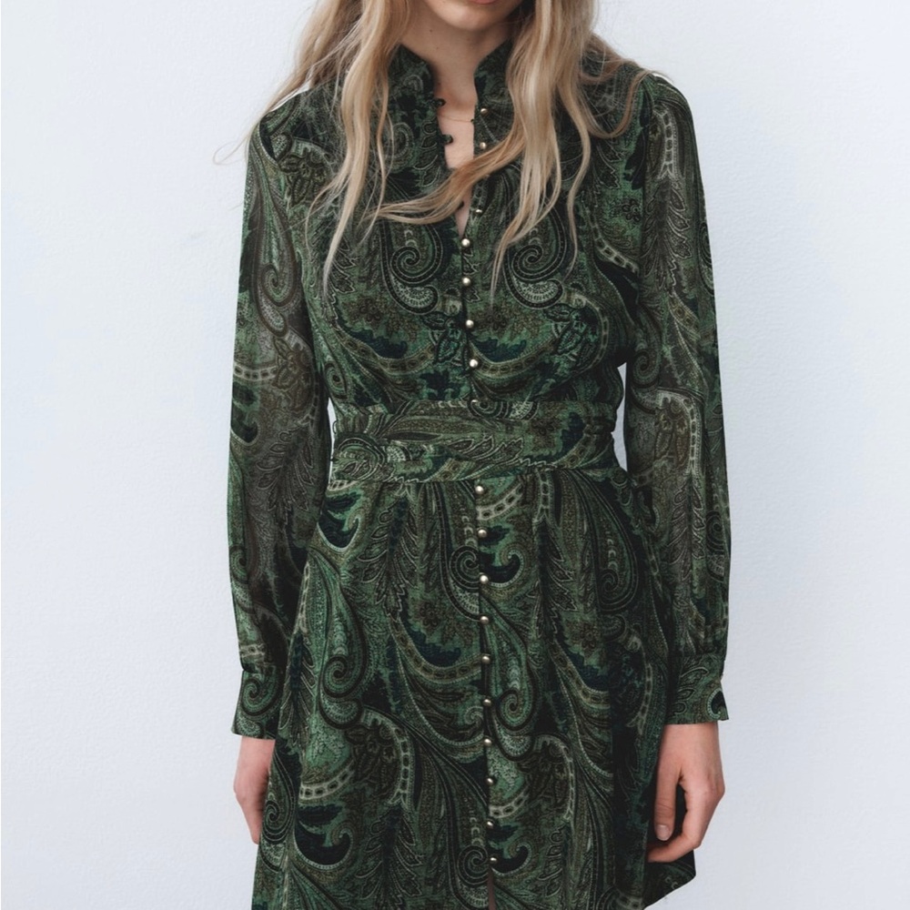 Zara Green Printed Shirt Dress. Size XS